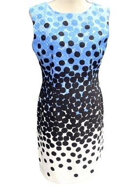 Tahari ASL White/Black/Blue Dot Sleeveless Sheath Dress (6)
